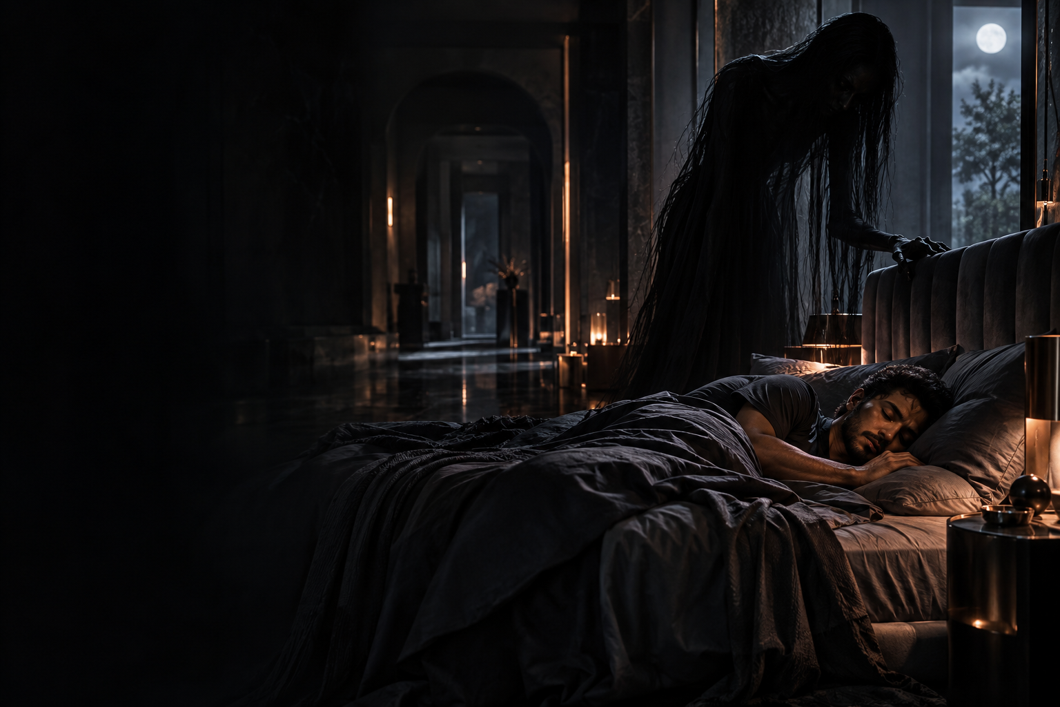 A sleeping person watched by a shadowy presence standing over their bed