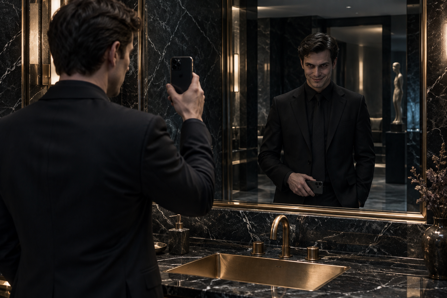 A mirror selfie with a reflection that has lowered its phone independently